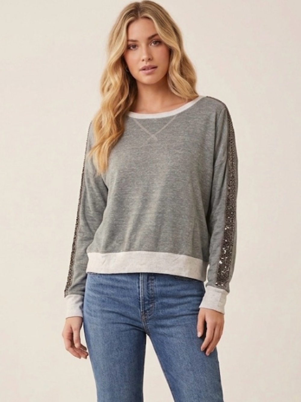 Gibson Gray Gold Sequin Embellished Sleeve Sweatshirt